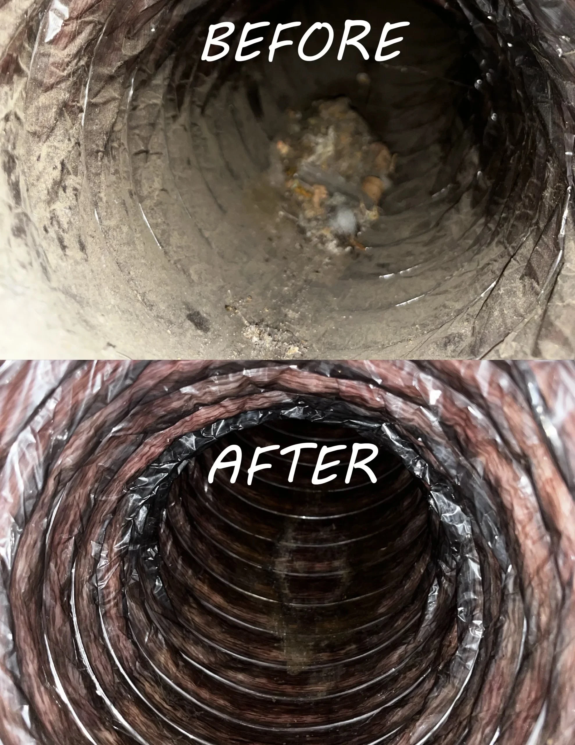 Before and after air duct cleaning showing dirty and cleaned HVAC duct interior