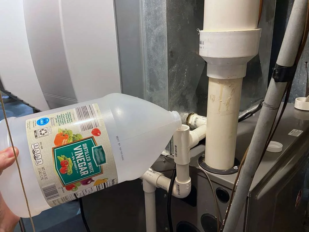 Pouring vinegar into AC condensate drain line to prevent clogs