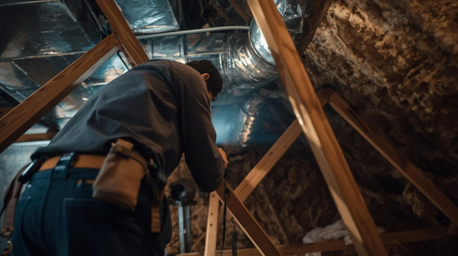 HVAC technician inspecting ductwork and heating system in residential attic during maintenance visit