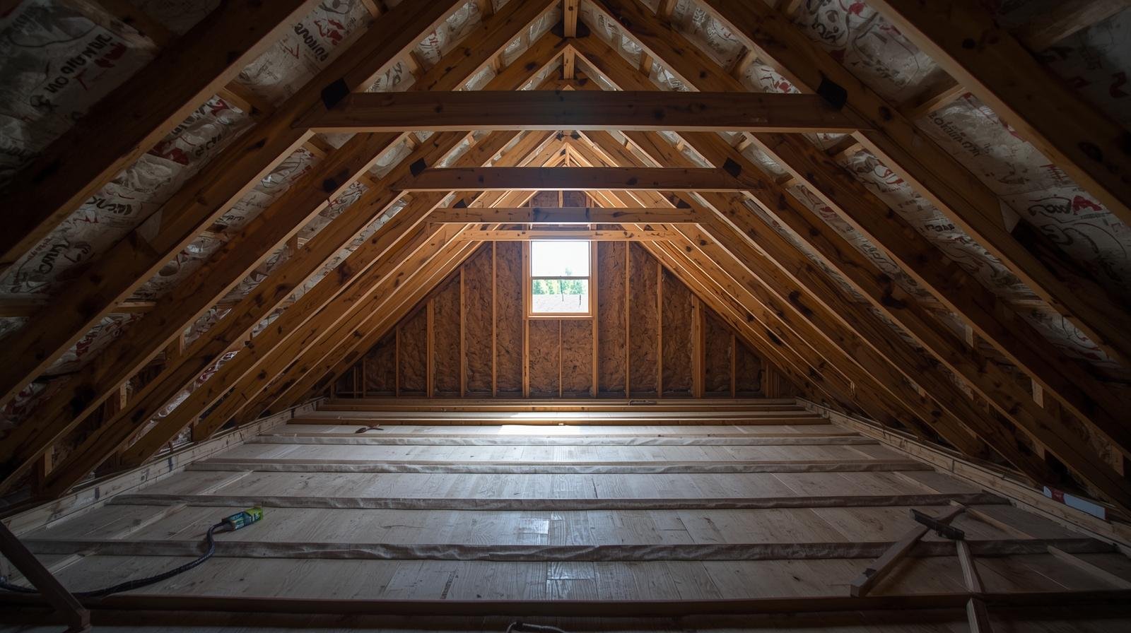 New home attic construction with exposed rafters ready for insulation installation to improve HVAC efficiency in Orange County