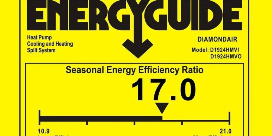 EnergyGuide label showing a 17.0 SEER rating for a DiamondAir heat pump cooling and heating system