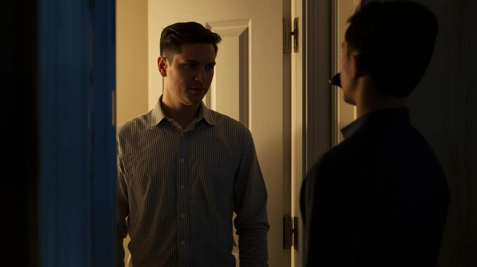 HVAC technician arriving at homeowner's door for emergency heating system service call during evening hours