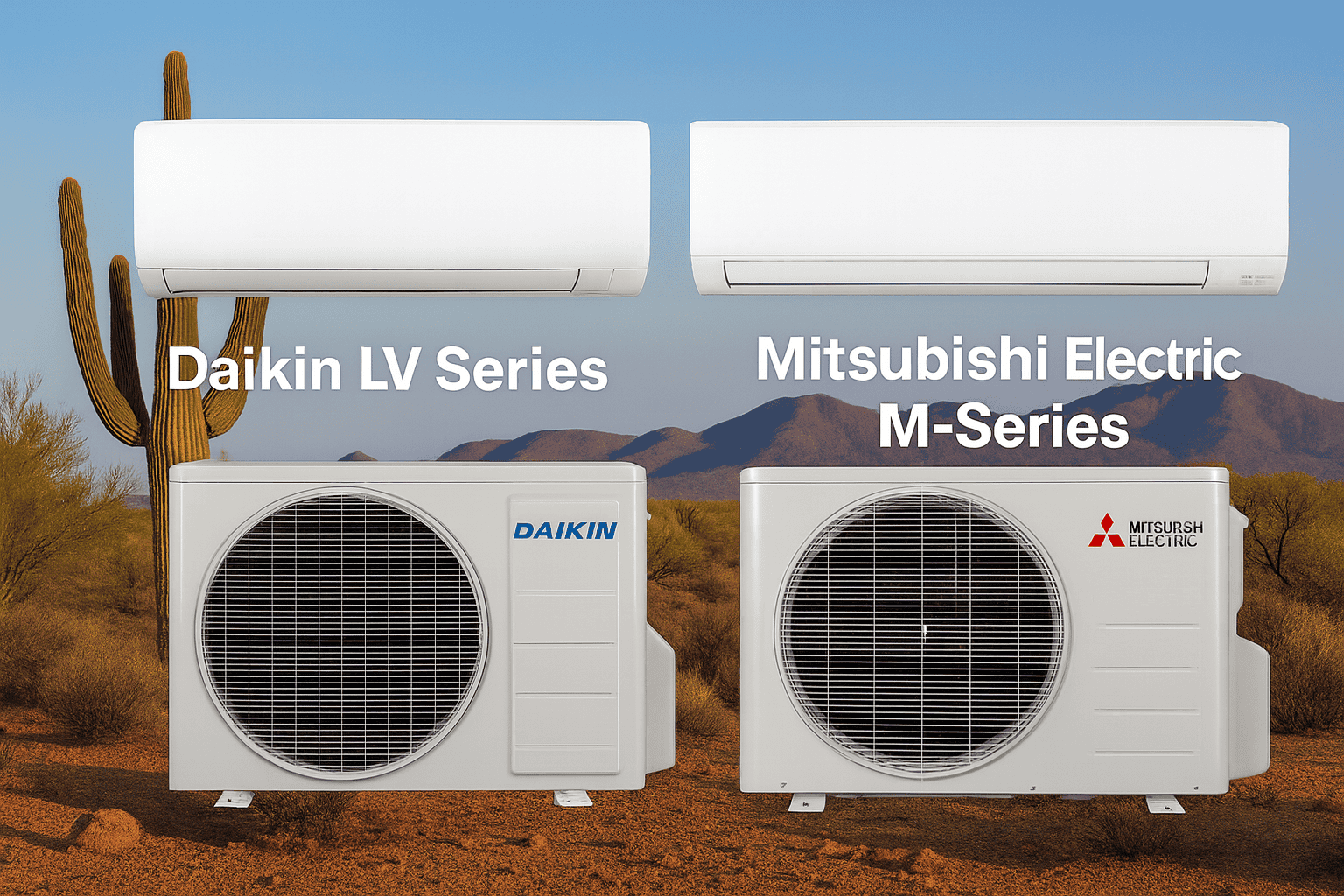 Daikin vs Mitsubishi mini split system comparison showing indoor and outdoor units for both brands