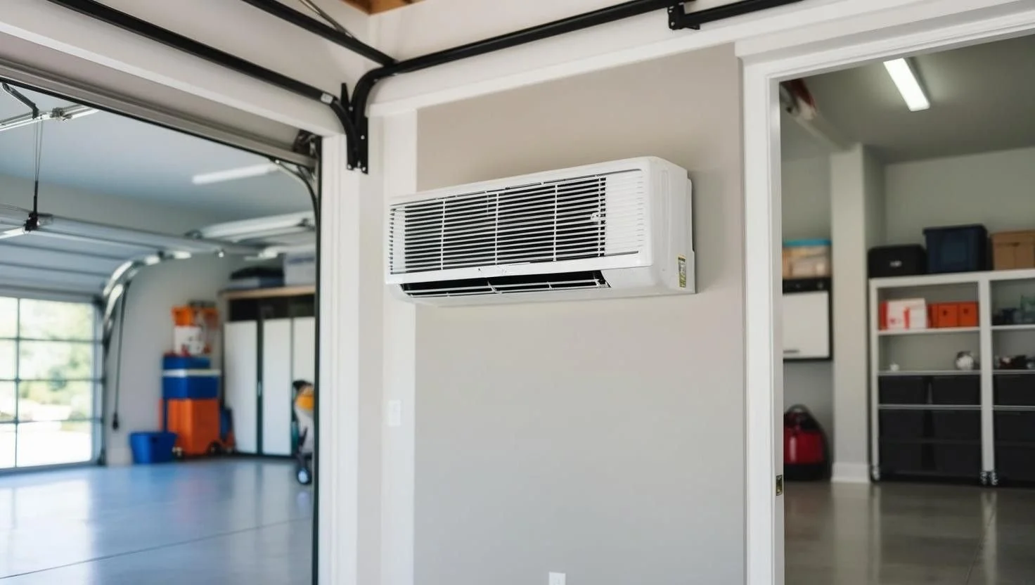 mini split indoor unit mounted on wall between open garage and finished storage room in Orange County home