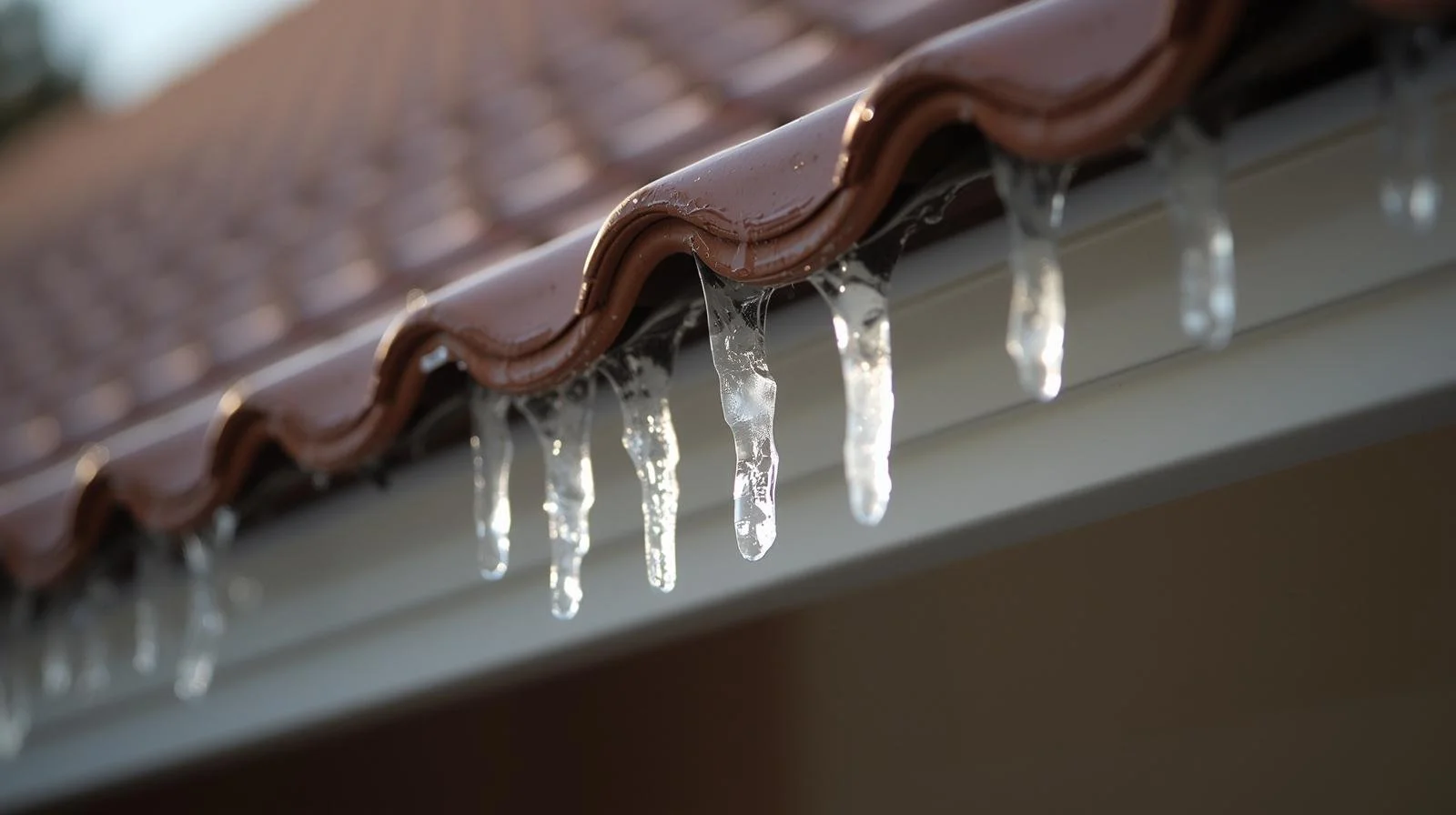 Ice dams and icicles on residential roof gutter showing signs of attic insulation failure and heat escape