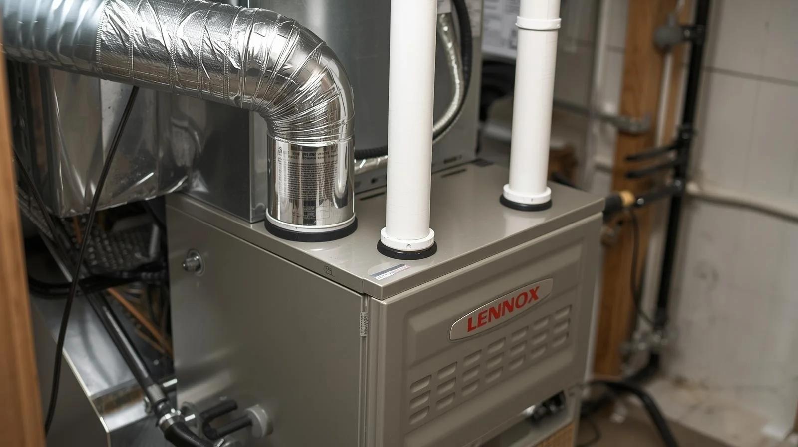 Lennox furnace with silver ductwork connections in Orange County home requiring heating system repair and maintenance