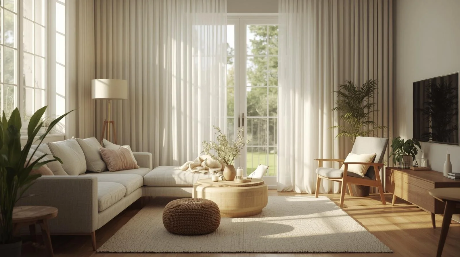 Comfortable modern living room with optimal temperature humidity and air quality balance