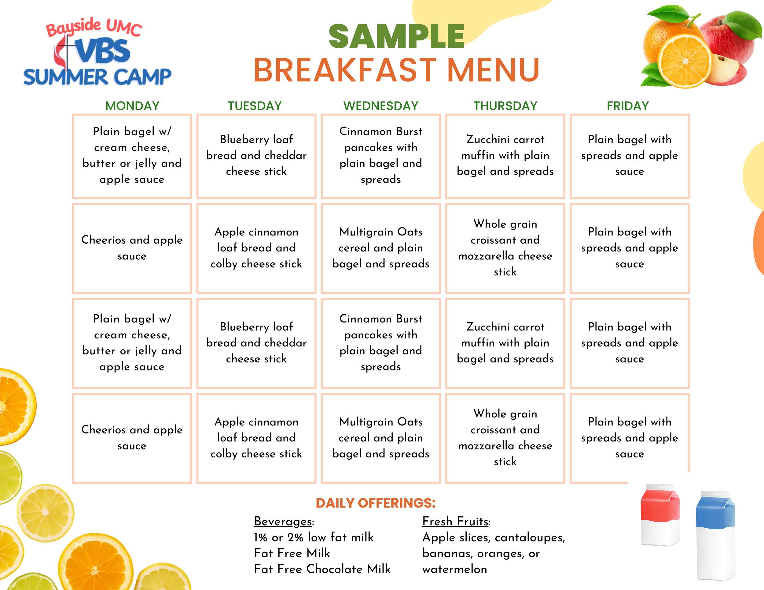 Bayside UMC VBS Breakfast Menu