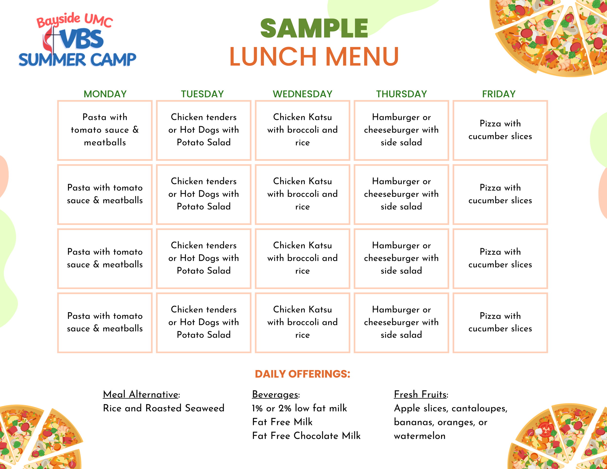 Bayside UMC VBS Lunch Menu