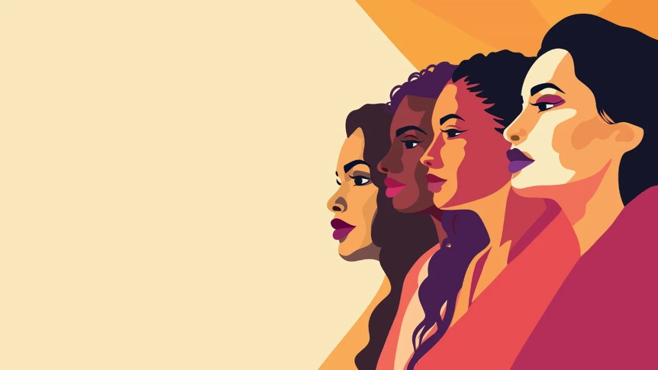 Four diverse women with different skin tones and hairstyles in a stylized illustration, facing to the right with confident expressions.