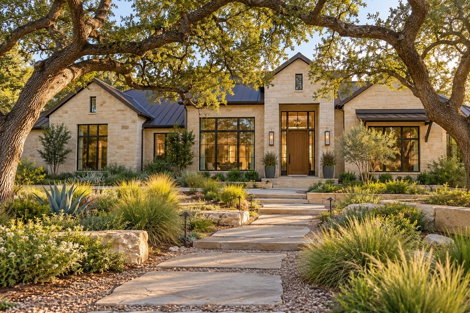 Illustrative limestone home with mature trees and welcoming outdoor living