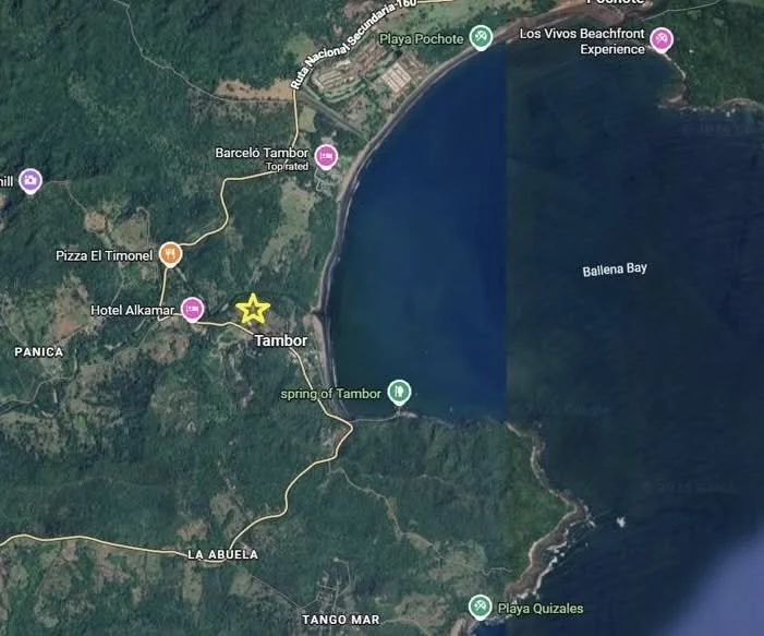 Satellite map showing the location of building lots near Tambor Beach on Costa Rica's Nicoya Peninsula.