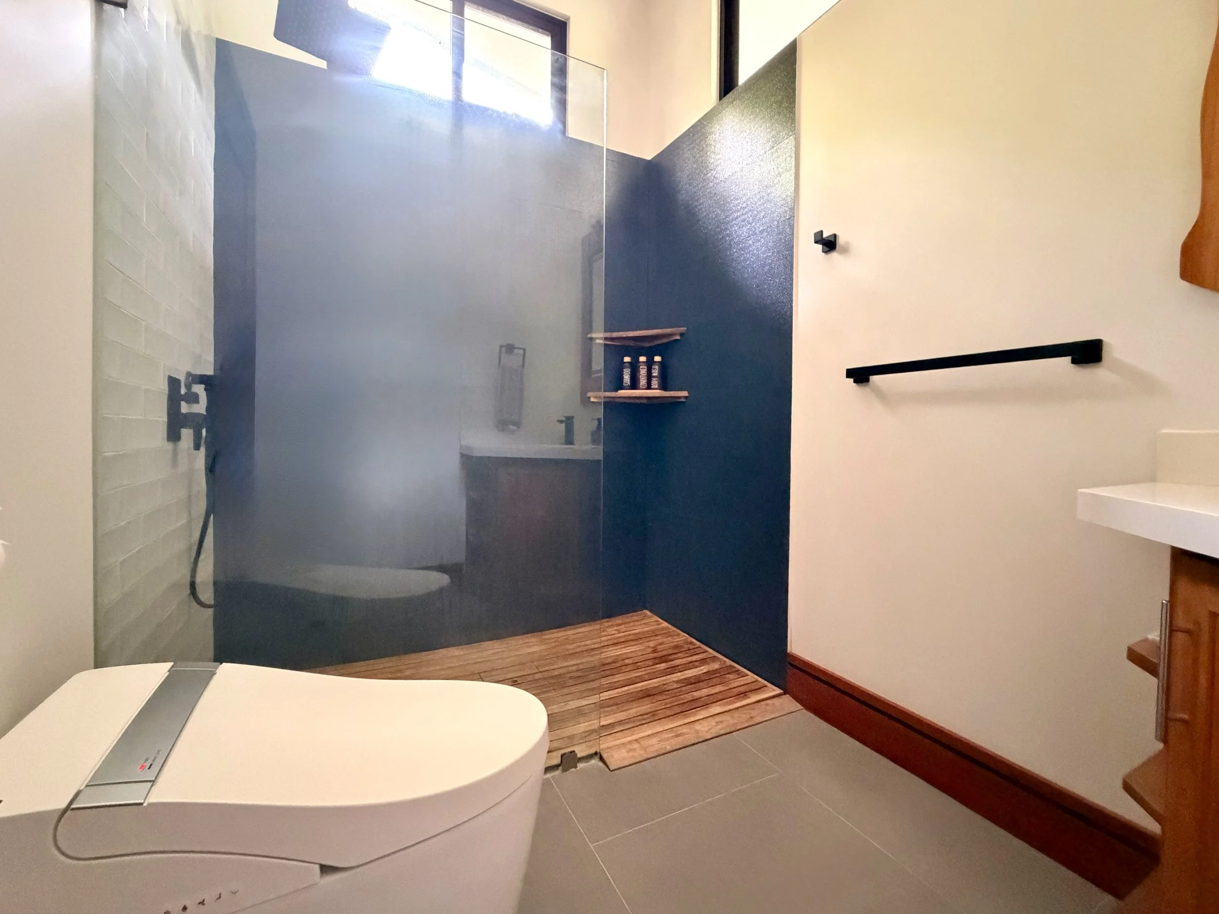 Casa Colina contemporary bathroom with walk-in shower, dark feature wall and modern fixtures.