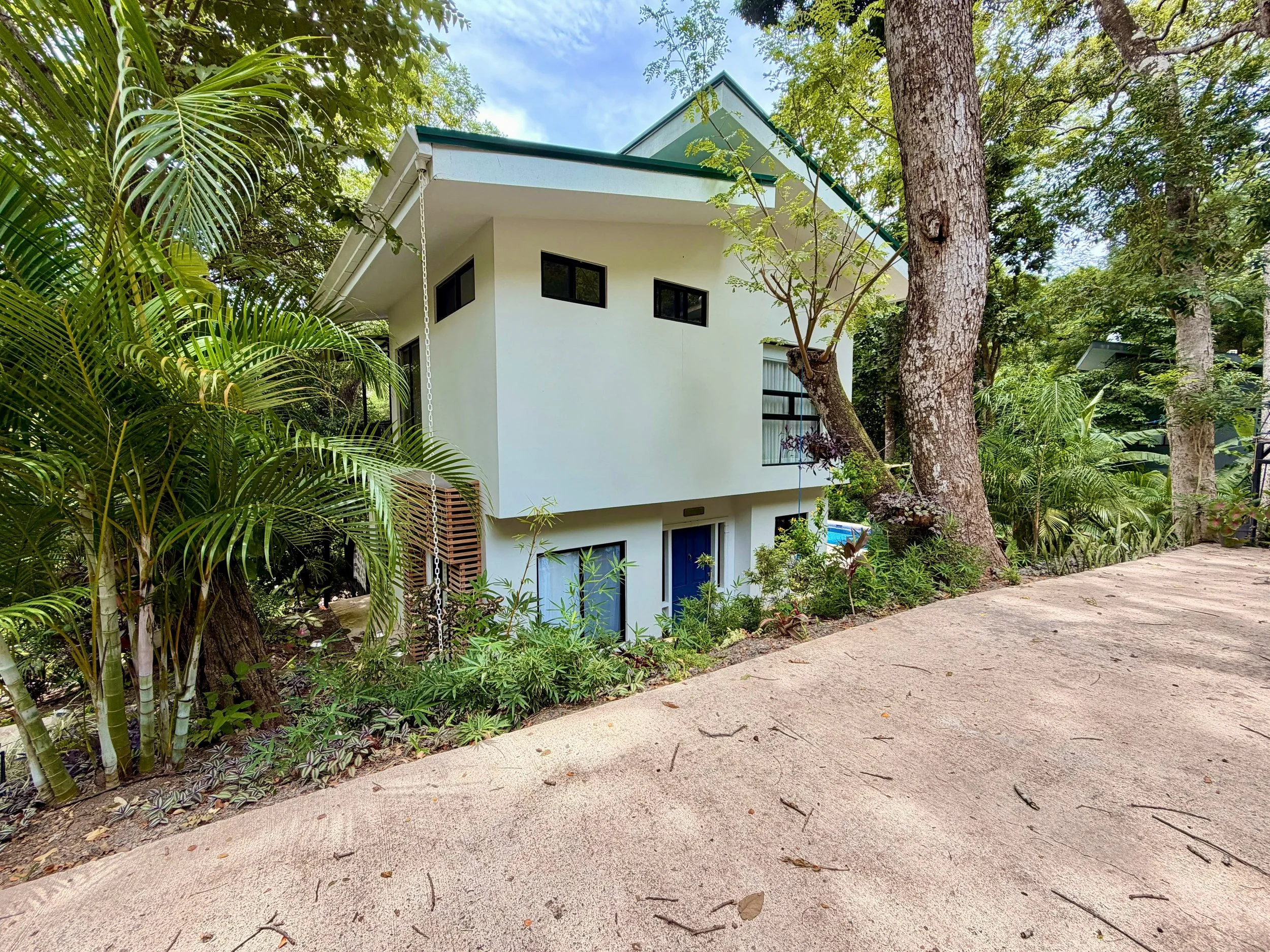 Casa Colina two-story contemporary white home surrounded by mature tropical trees and natural landscaping.