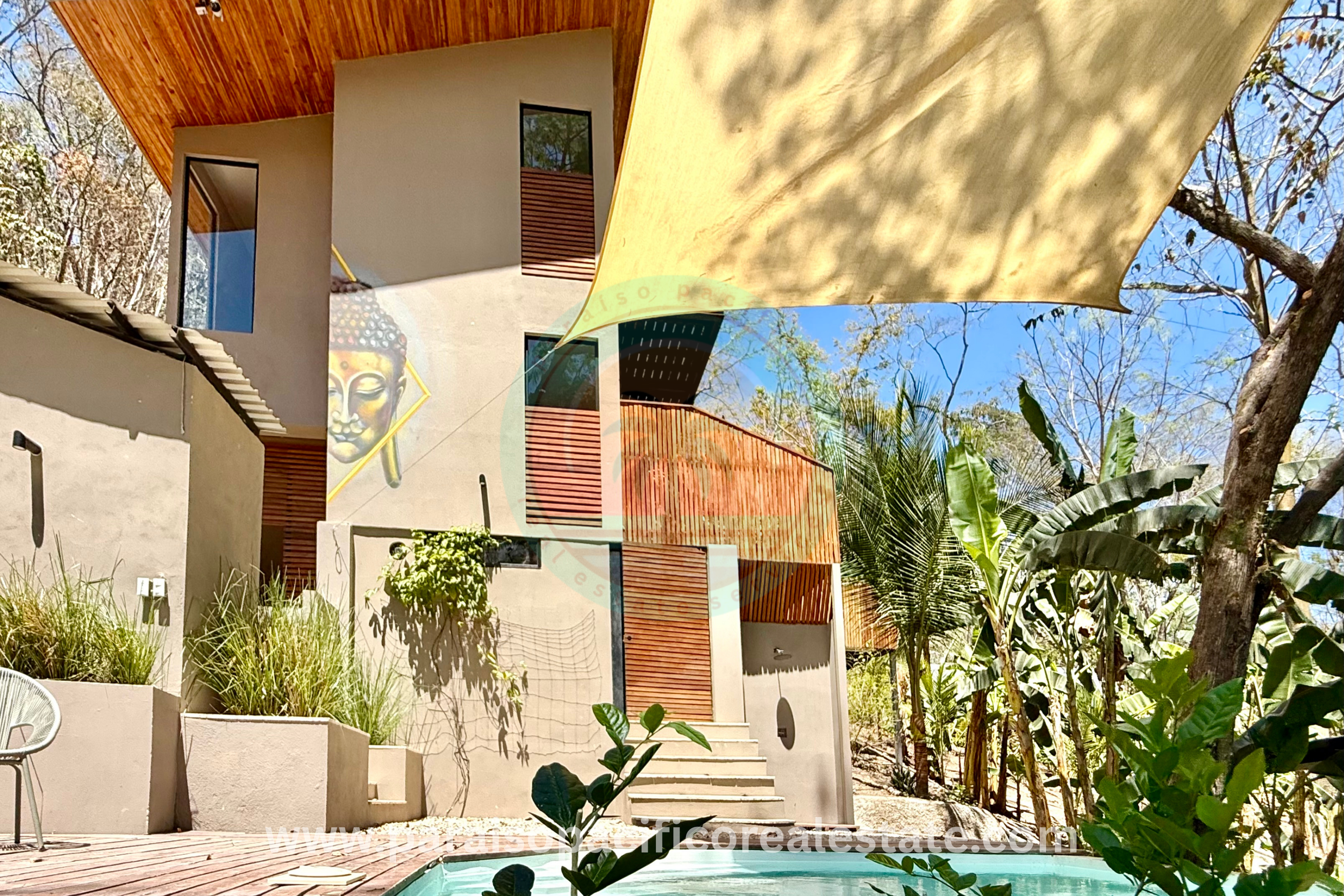 Exterior mural with pool at Buddha House Organos near the beach in Costa Rica