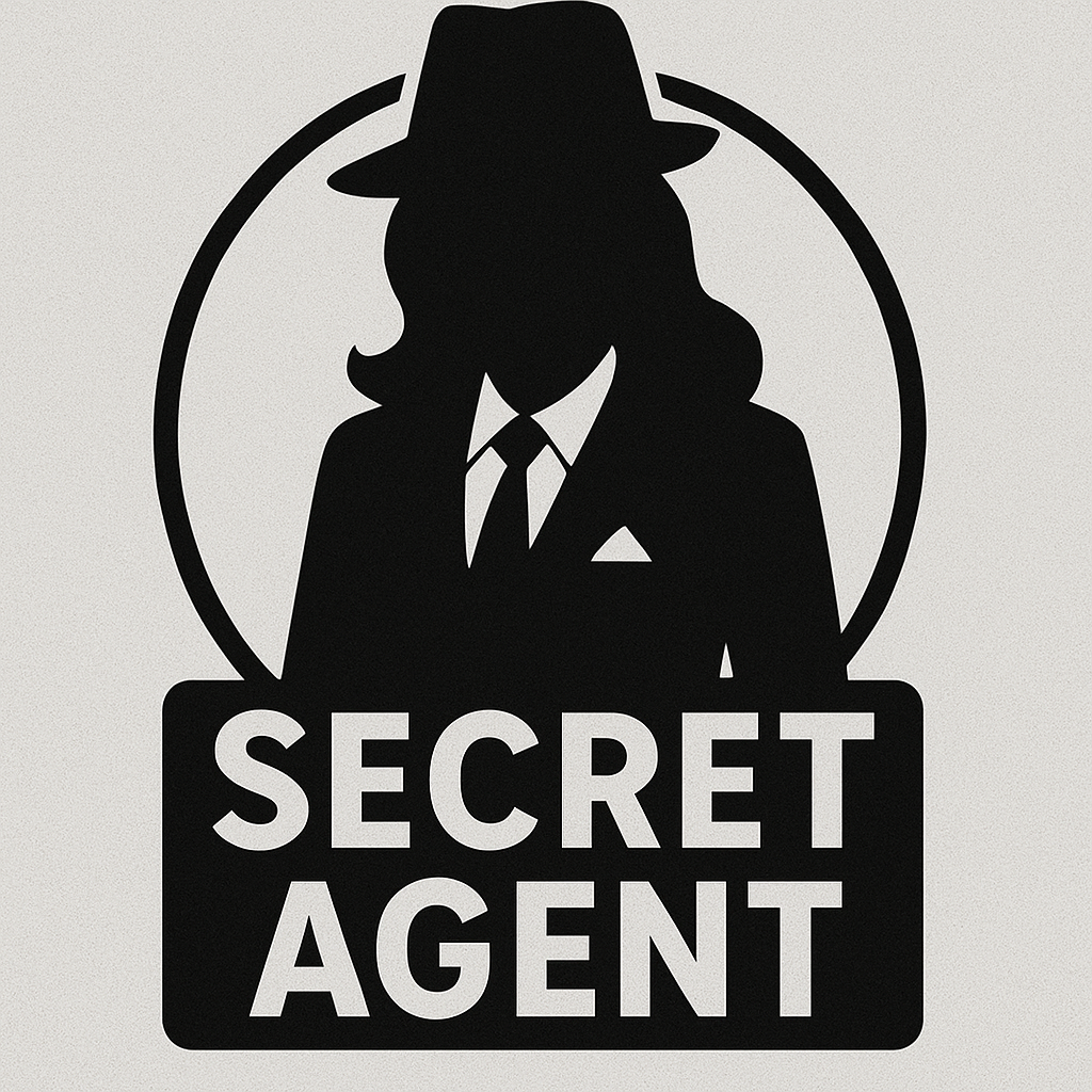 Silhouette of a womanin a suit and hat with a fedora, inside a circle, with the words 'Secret Agent' below.