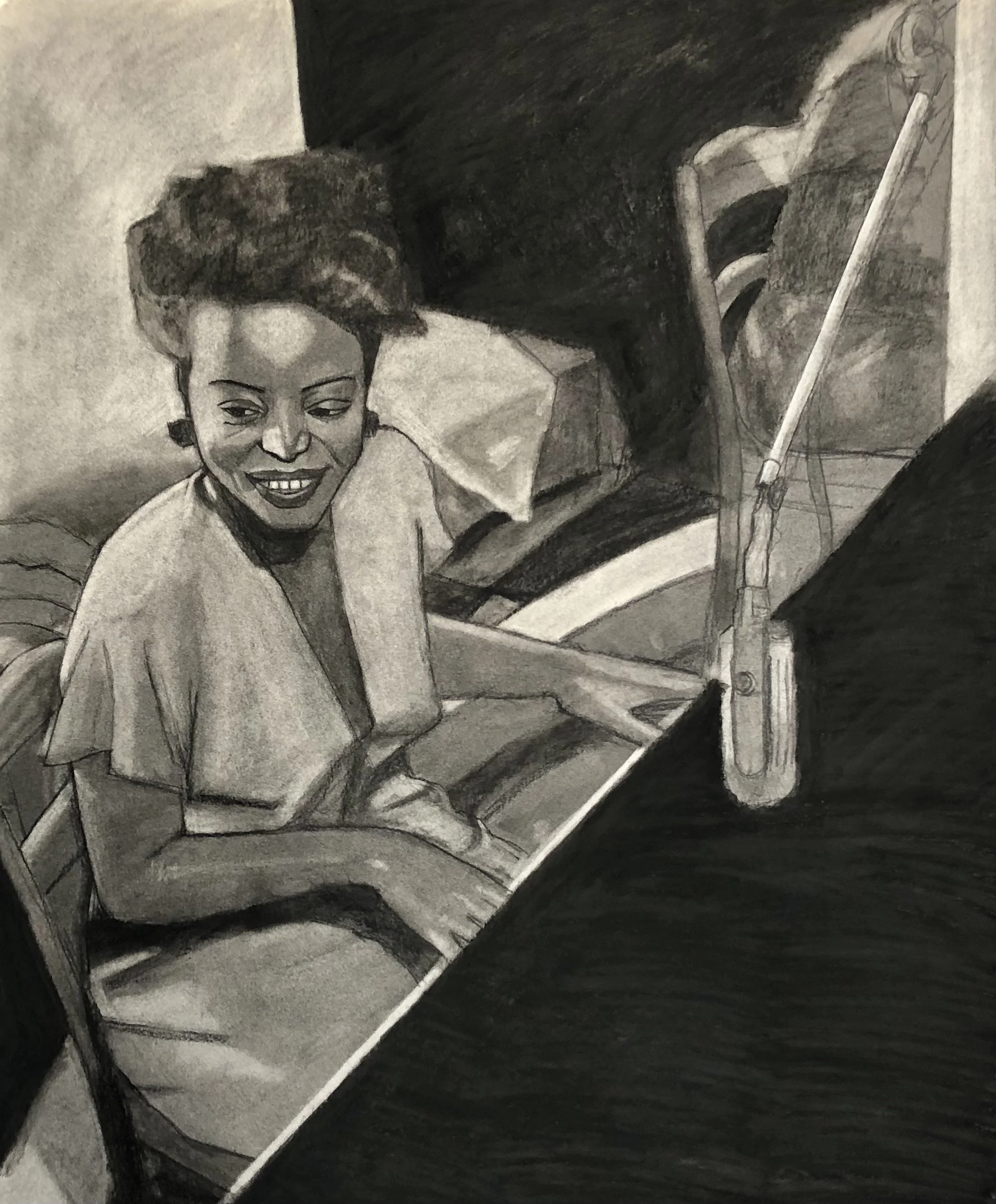 Jameel Amman, Mary Lou Williams, Charcoal on Paper, 22" x 30"