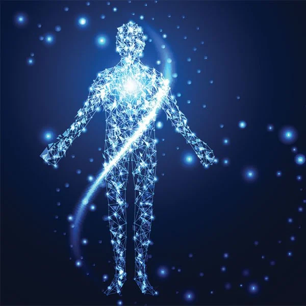 Digital illustration of a human figure made up of interconnected blue lines and glowing points, resembling a futuristic or digital human with a bright light at the chest area and surrounding glowing particles.