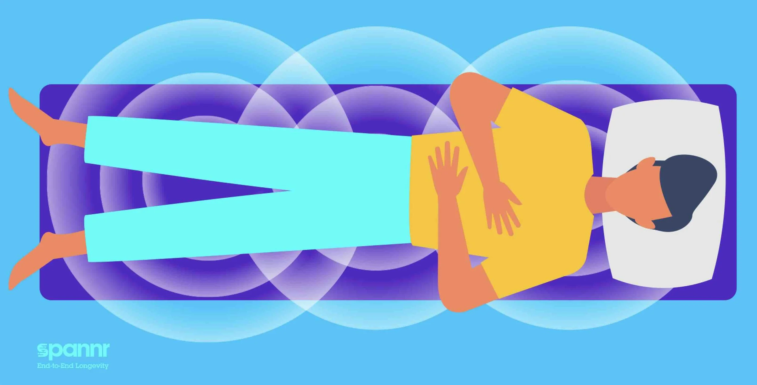 A colorful infographic illustration of a person lying down during PEMF therapy session. The background is blue with circular patterns.