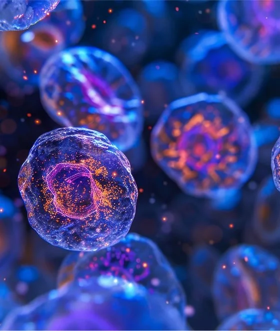 Close-up of glowing body cells with vibrant colors.
