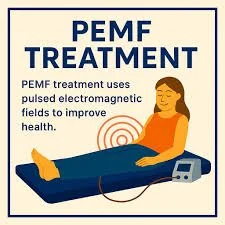 Illustration of a woman receiving PEMF treatment, with a device connected to her through wires, and text explaining PEMF treatment benefits.