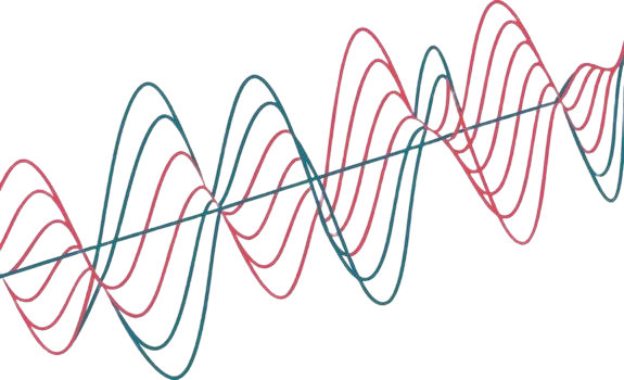 Two colorful sine wave patterns on a black background, one in pink and one in blue, crossing and oscillating.