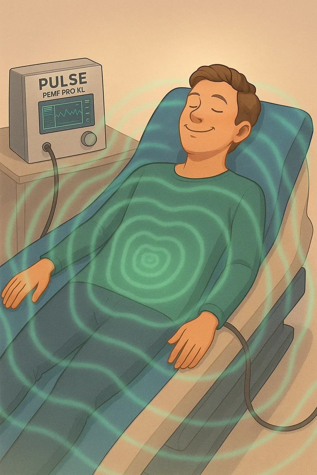 A man is lying on a medical chair with a relaxed expression, connected to a PEMF therapy device emitting green waves of energy.