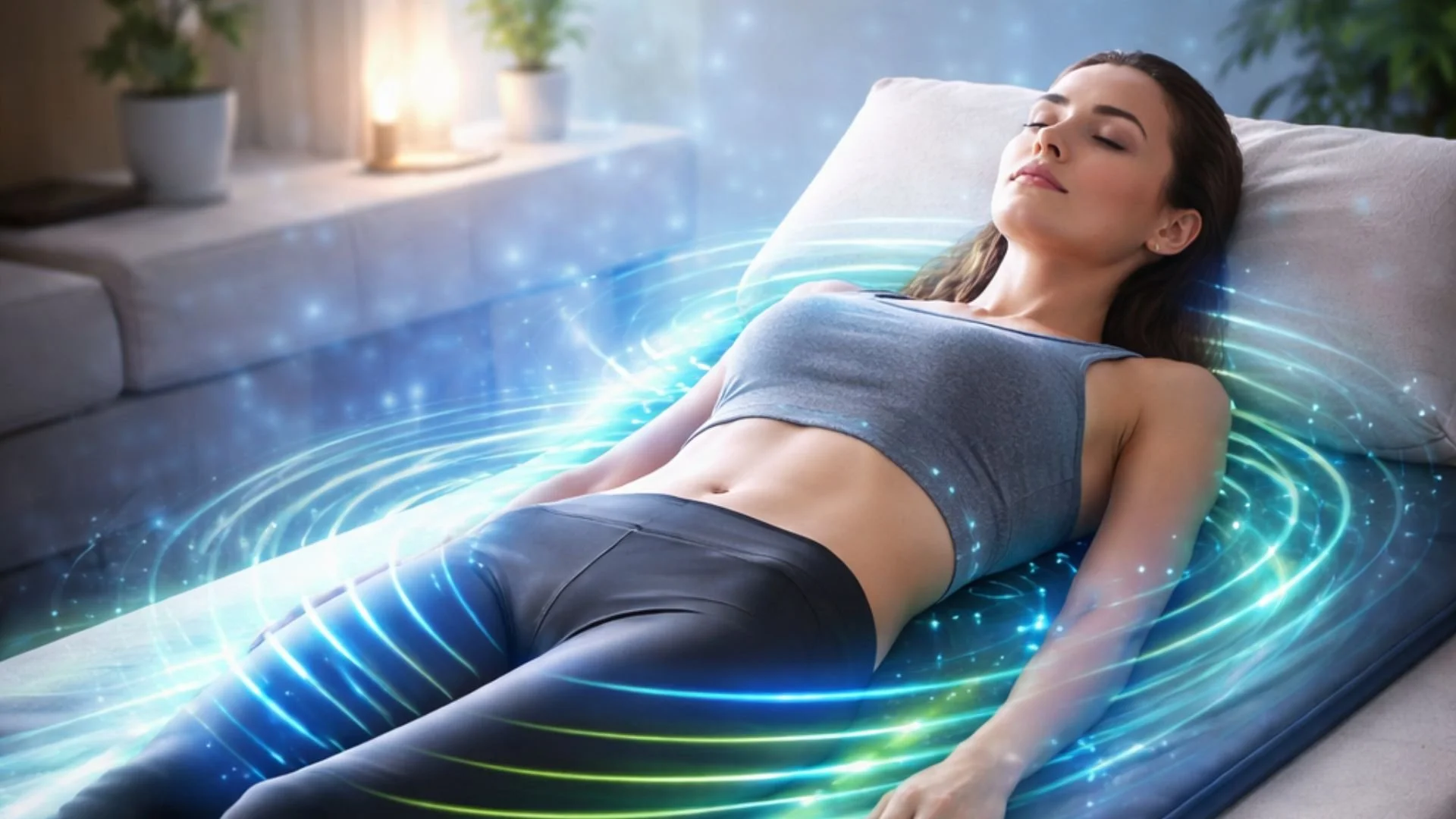 A woman lying on a bed with her eyes closed during a PEMF therapy session, surrounded by digital swirling light effects, suggesting she is experiencing relaxation and rejuvenation.
