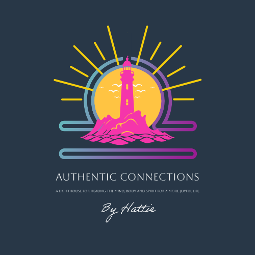 Colorful lighthouse illustration with rays of sunlight and waves, with the words "Authentic Connections" and "By Hattie" below.