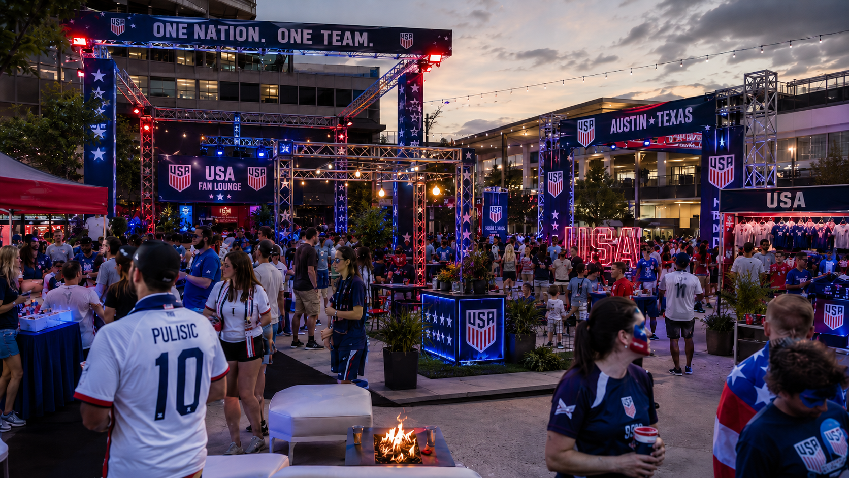 USA-themed World Cup 2026 activation at an Austin Texas event venue with fans, branded booths, lounge areas, and medical standby support.