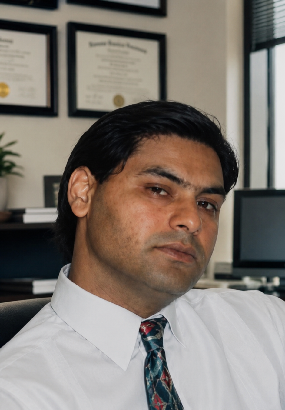 A man with dark hair and light skin wearing a white shirt and tie, looking at the camera in a close-up portrait.