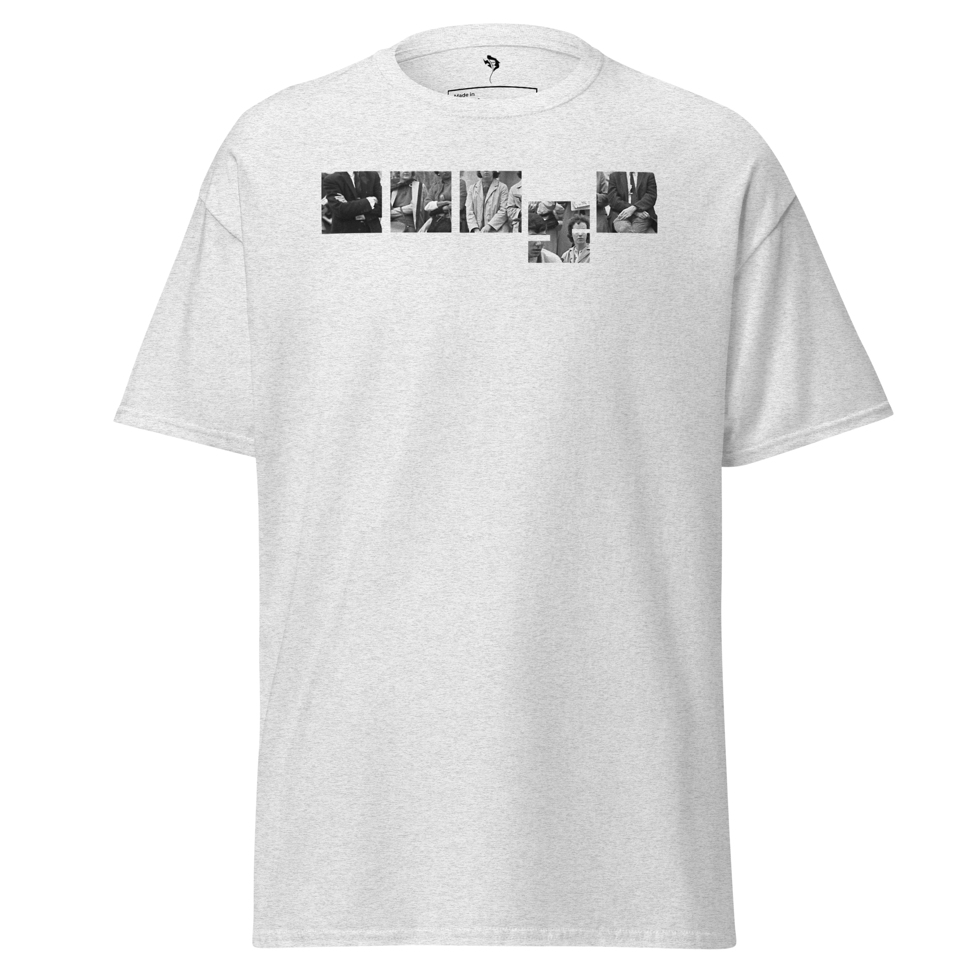 A white T-shirt with a collage of black and white photos of people in formal attire arranged to spell the word "VOTE."