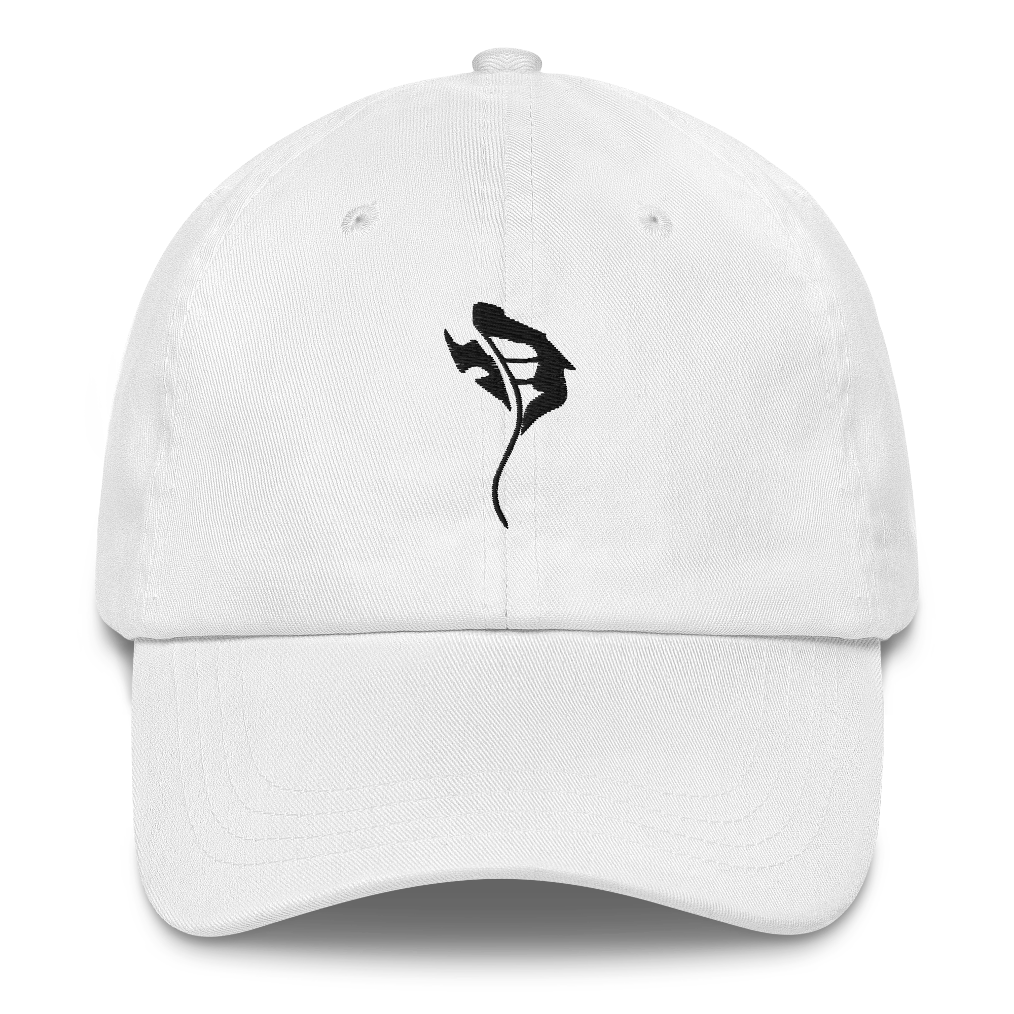 Close-up of a white baseball cap with a black embroidered rose and leaf design on the front.