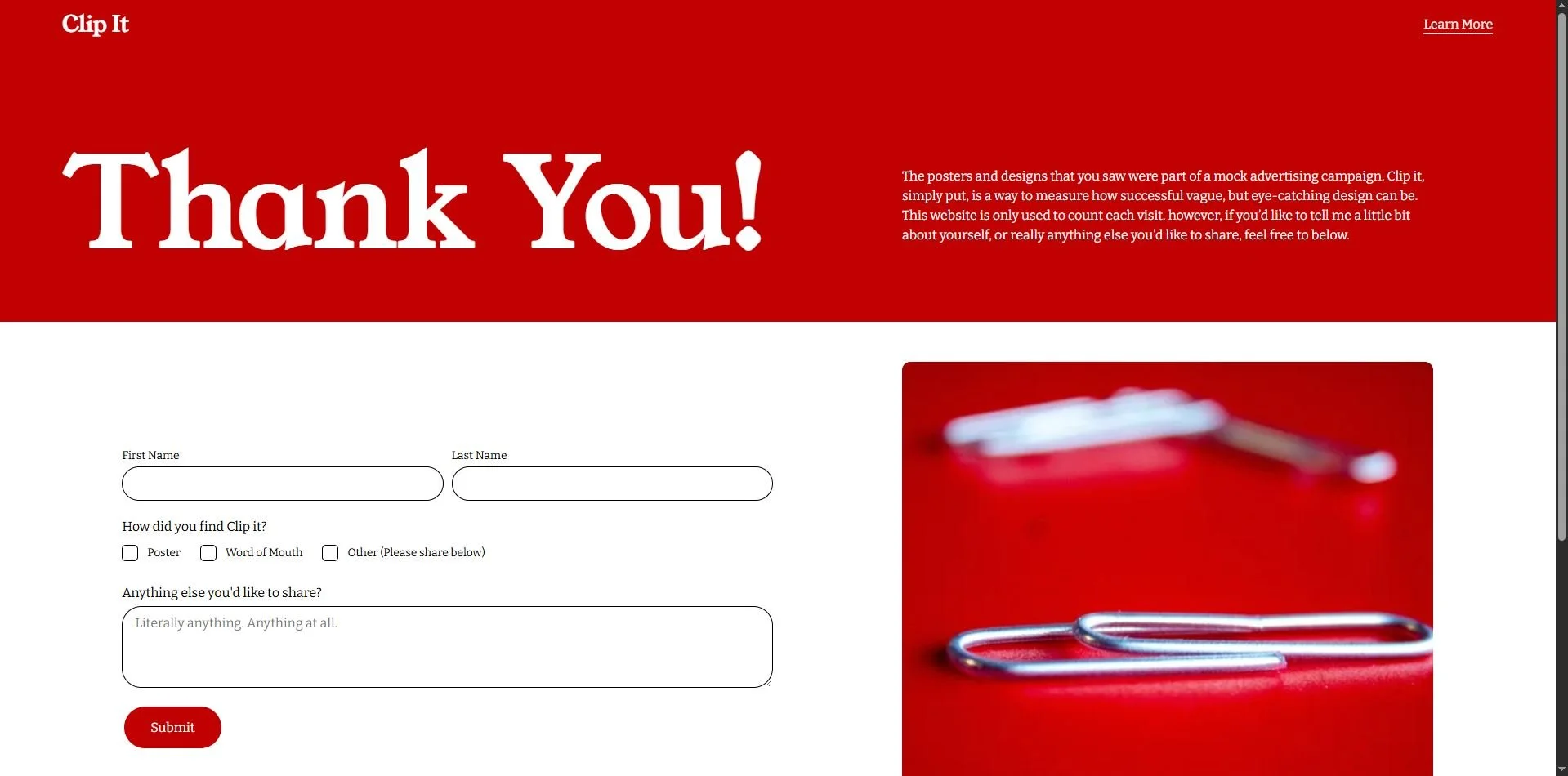 A website page displaying a large red 'Thank You!' message, a form for user feedback, and a partial image of paperclips on a red background.