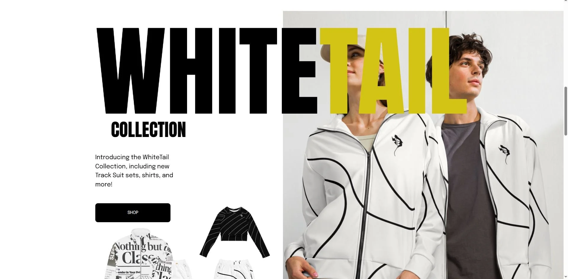 Marketing webpage for the WhiteTail Collection featuring models in white track suits with black line designs, large bold text stating "WHITE TAIL" and smaller text introducing the collection, including new track suit sets and shirts.