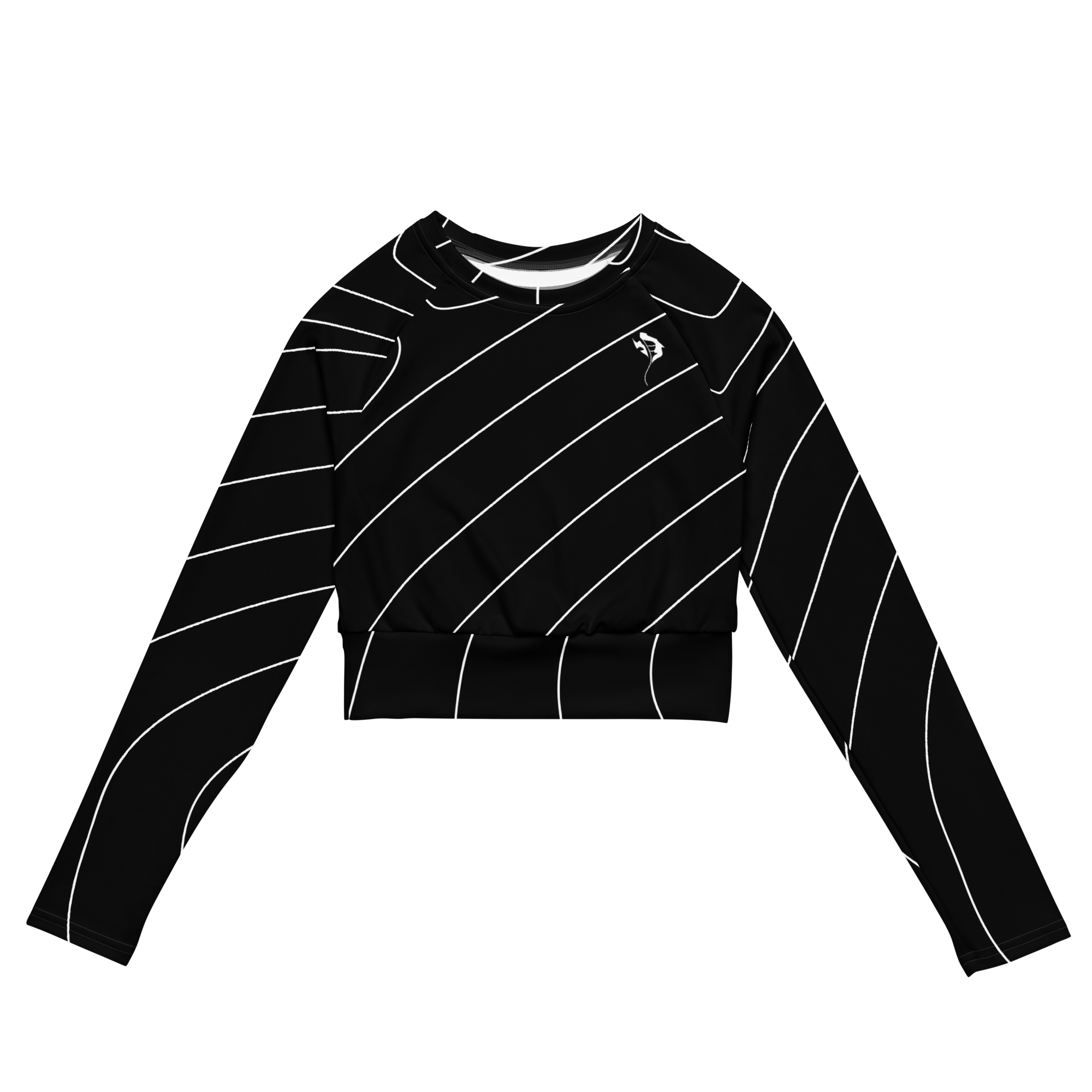 A black long-sleeve sports shirt with white diagonal and horizontal stripes and a small white logo on the chest.