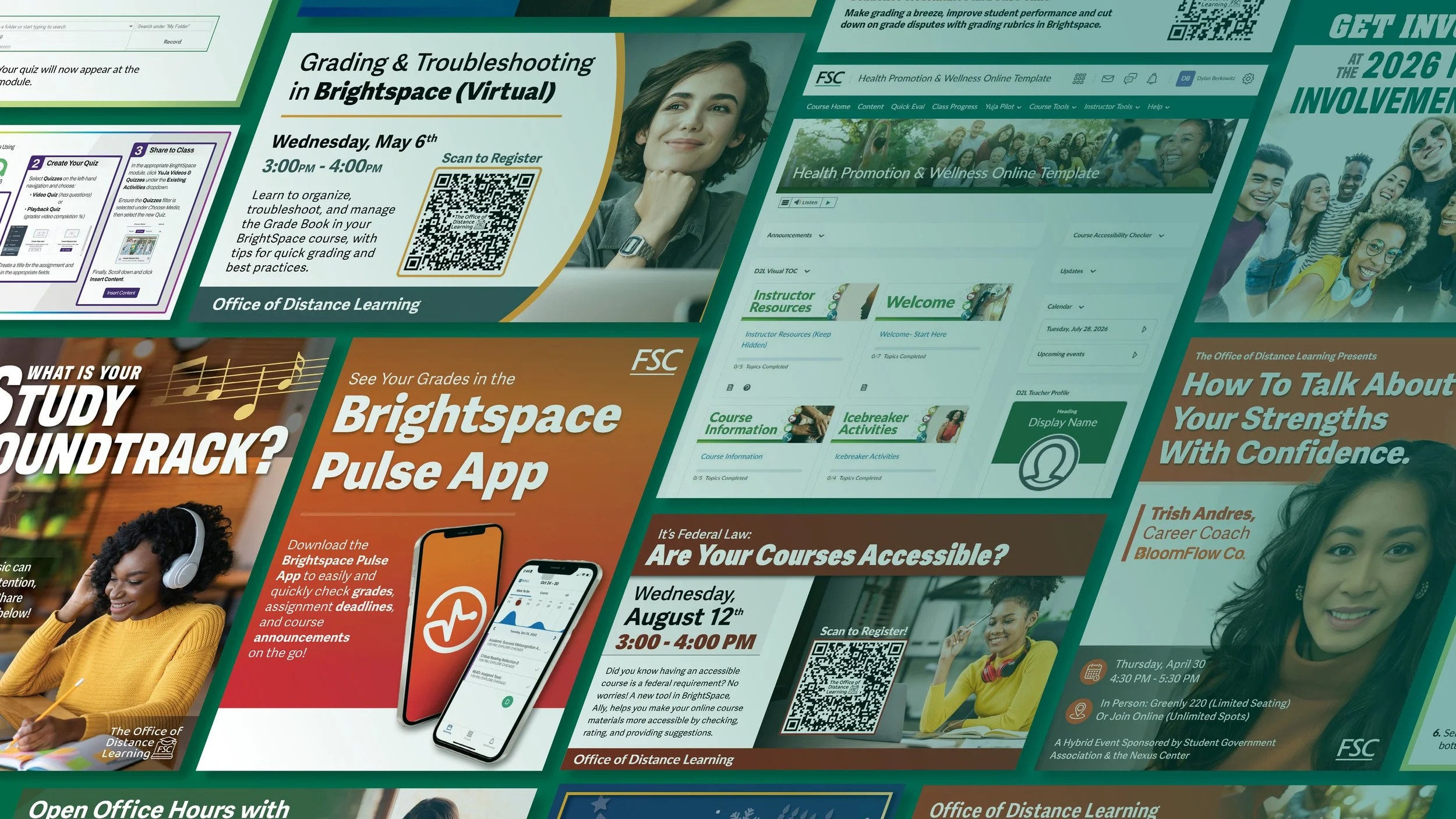 collage of digital posters and screenshots related to the Office of Distance Learning, Brightspace Pulse app, and online courses, featuring students, QR codes, and course information.