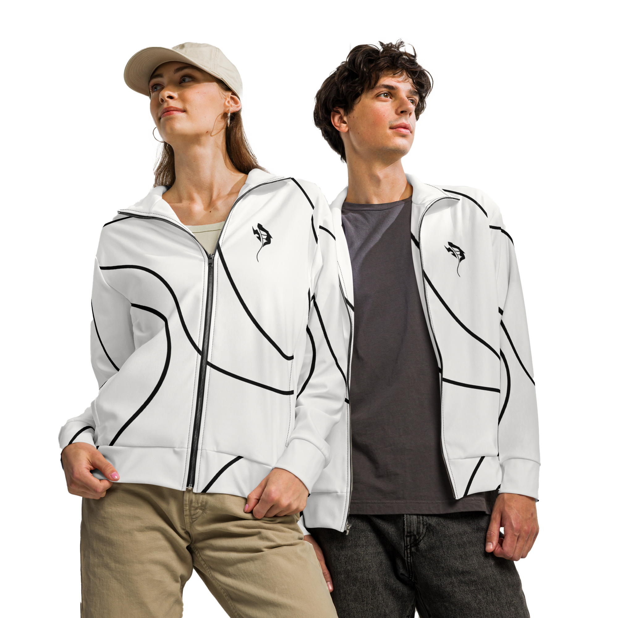 Two people standing side by side, wearing white jackets with black curved lines, one with a beige cap and the other with curly hair, against a white background.