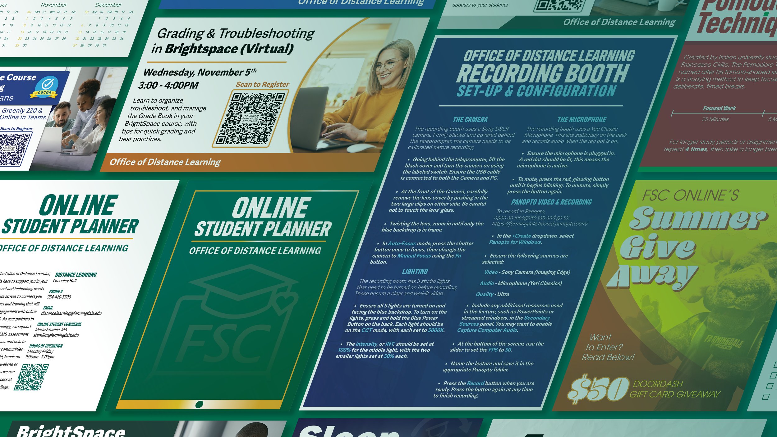 A colorful poster advertising virtual grading and troubleshooting sessions, with a photos of a woman using a laptop, QR code for registration, and information about an office of distance learning and recording booth setup.