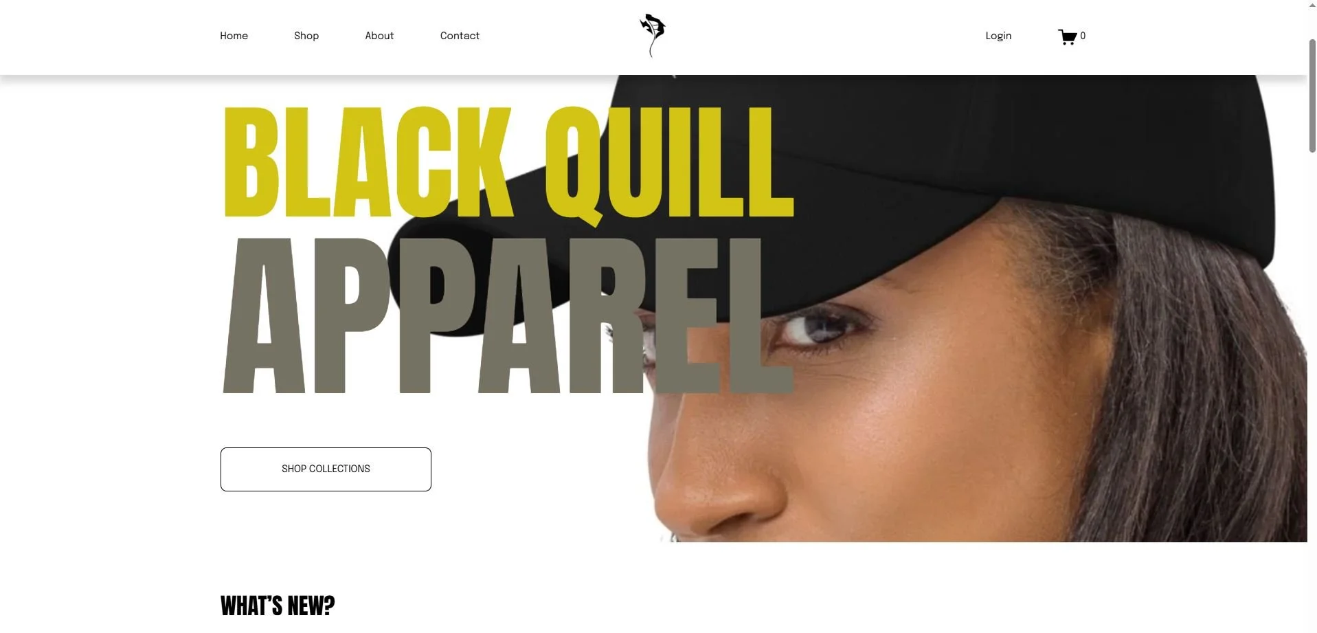 Online clothing store homepage featuring Black Quill Apparel, with a model wearing a black cap and large yellow and gray text overlay.