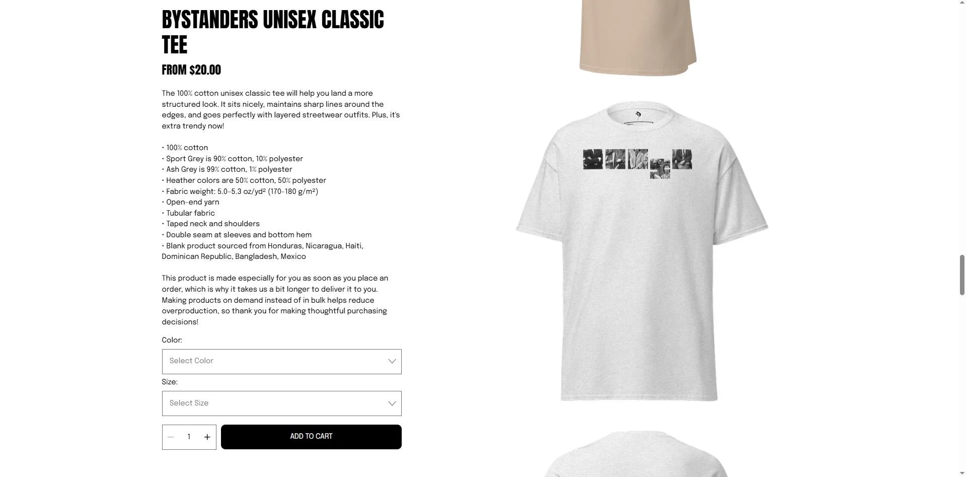 Product description for Bystanders Unisex Classic Tee, priced at $20.00, featuring a white color with a black-and-white collage of faces on the front, available on an online shopping page.