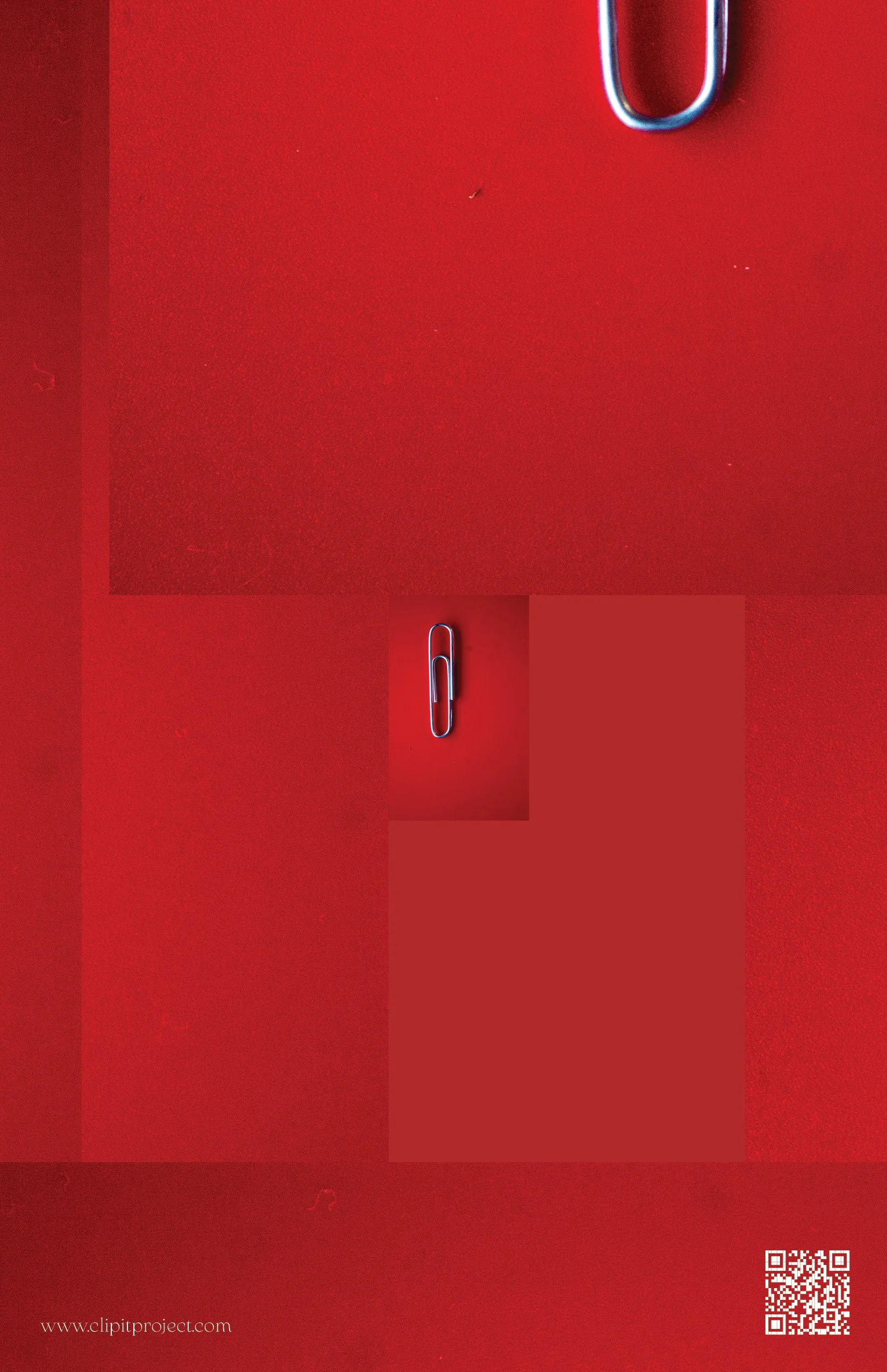 Close-up of a red surface with a large silver paperclip at the top right and a smaller silver paperclip at the bottom center. A QR code is in the bottom right corner, and the website 'www.clipitproject.com' is in the bottom left corner.
