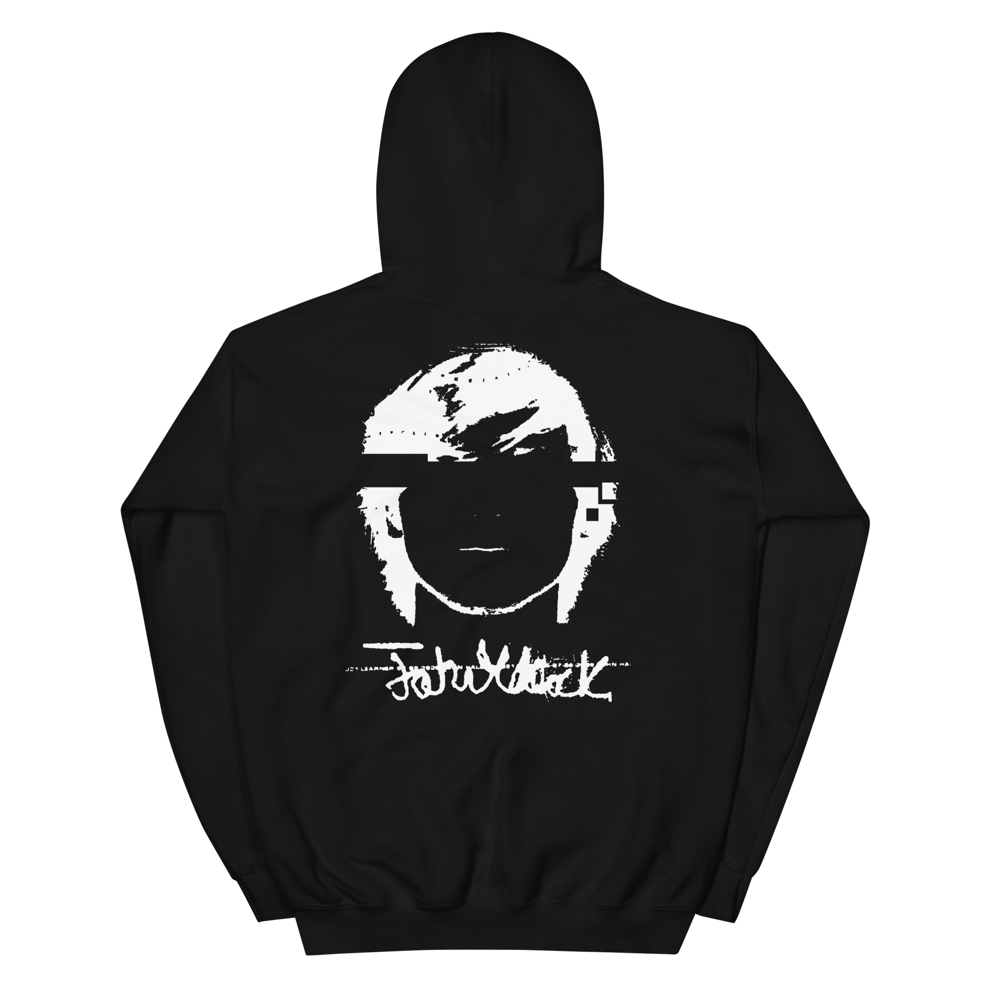 Person wearing a black hoodie with a white graphic print on the front.