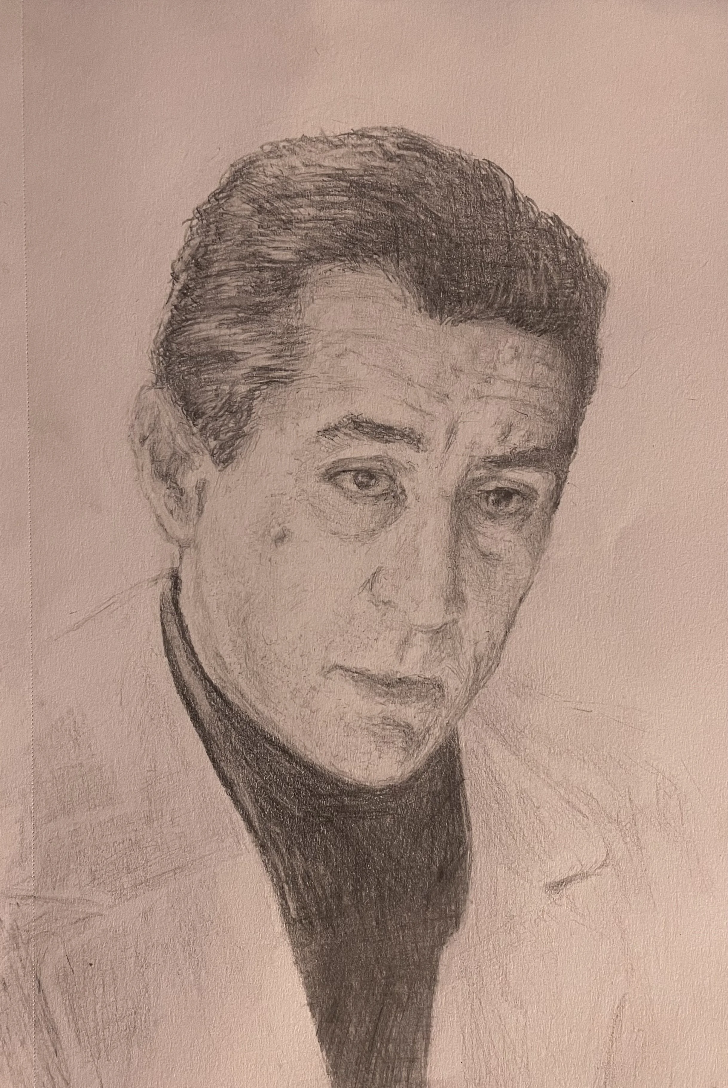 A pencil sketch of a woman with short hair, wearing a dark turtleneck and a light jacket, with a serious expression and slight wrinkles on her face.