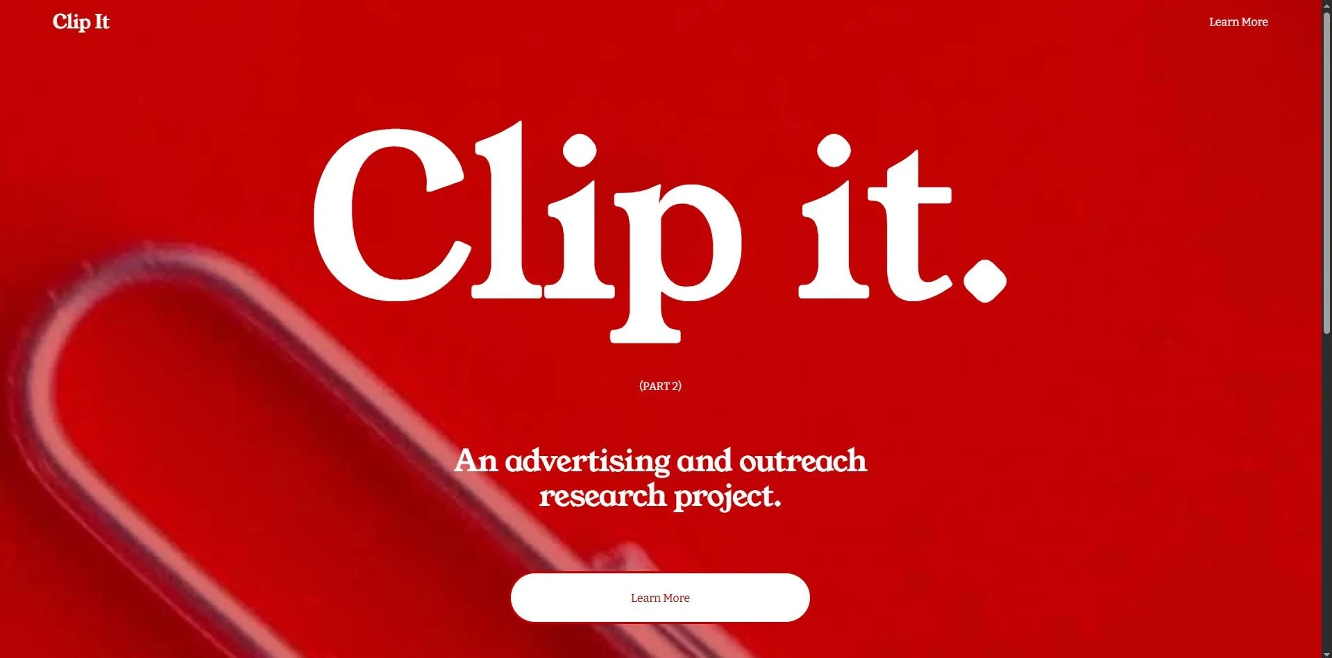 Red webpage with large white text that reads 'Clip It.' and a small button labeled 'Learn More'. Thumbnail of a paperclip in the background.