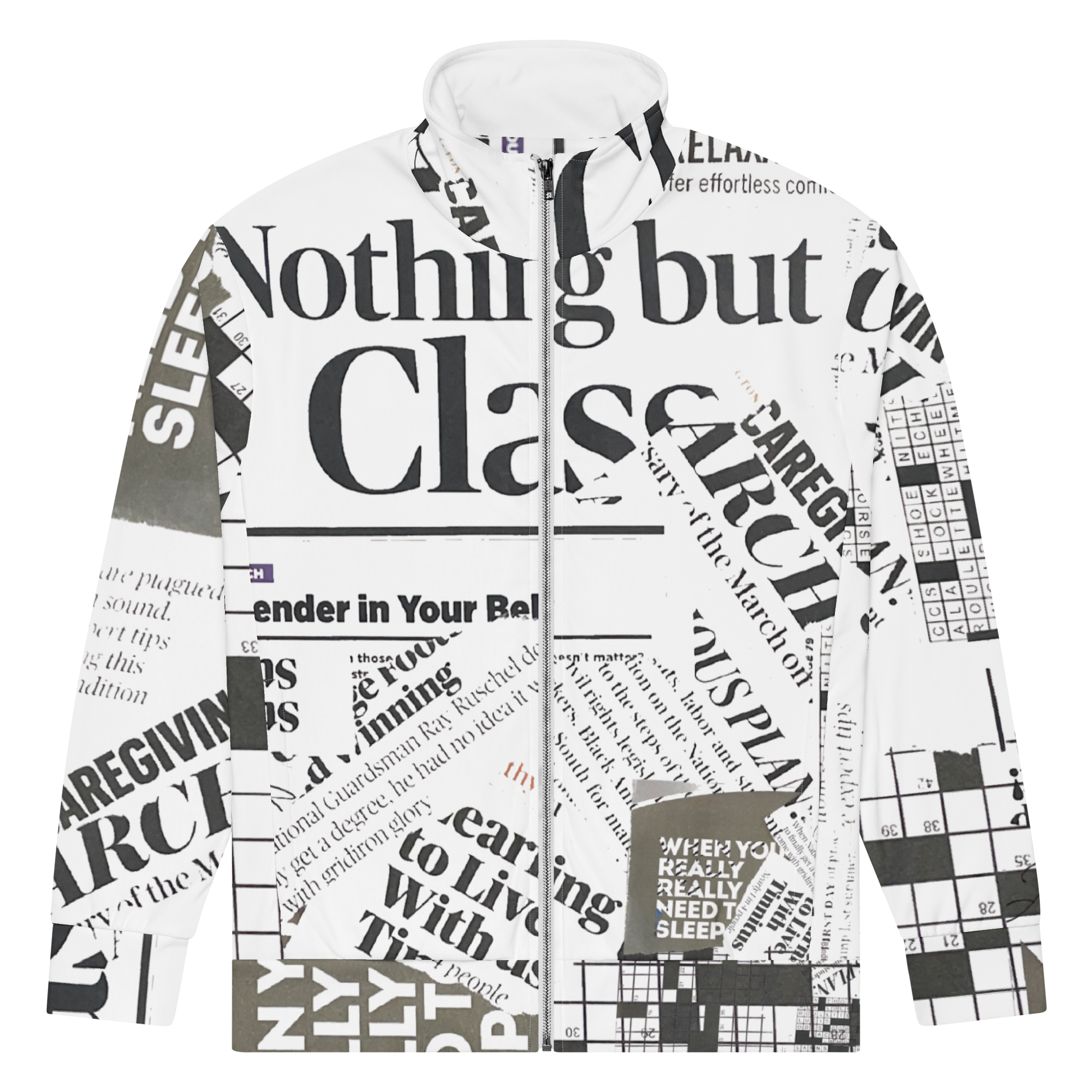 A white jacket covered in black text and newspaper print patterns with a front zipper