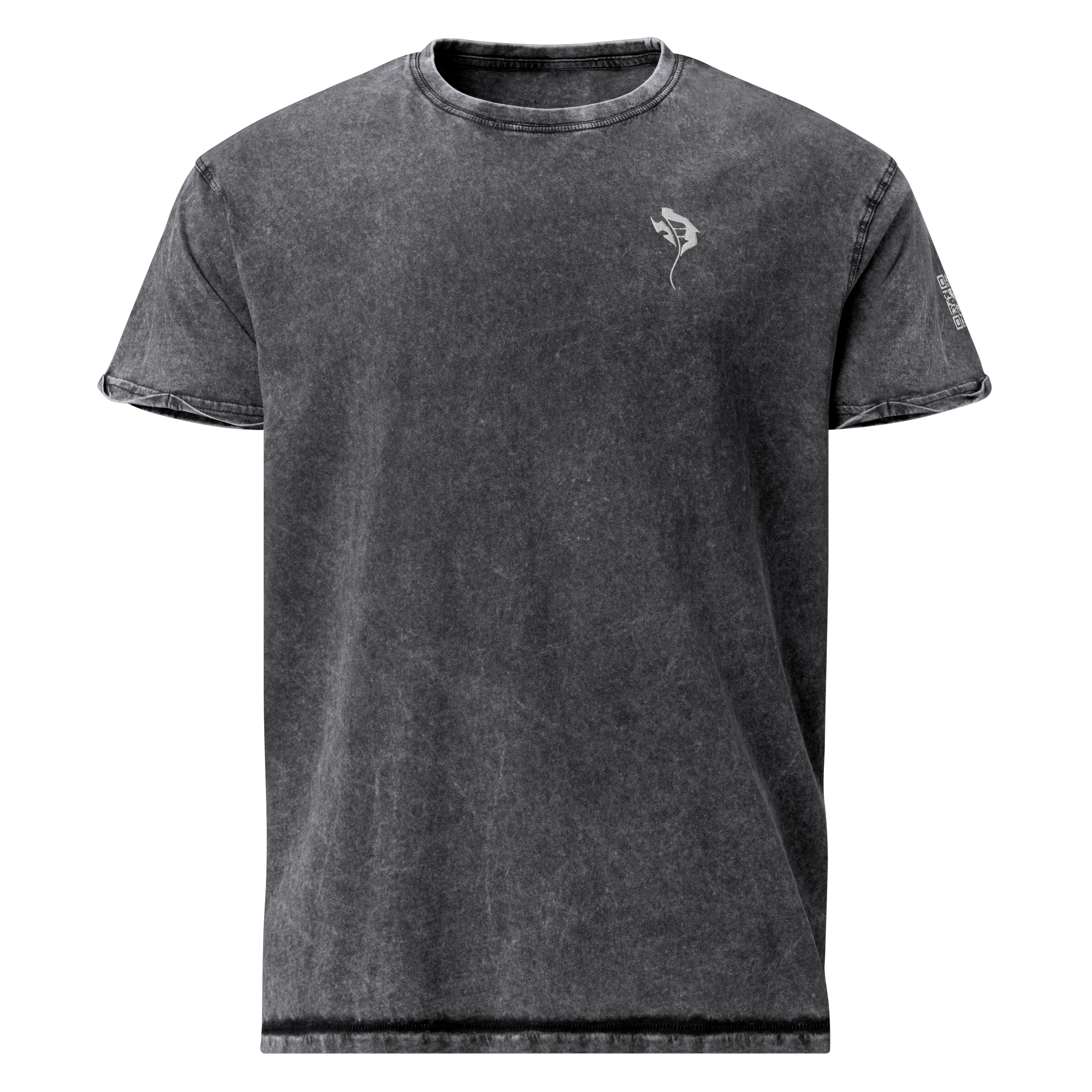 Gray vintage-style T-shirt with a small logo on the left chest and text on the left sleeve.