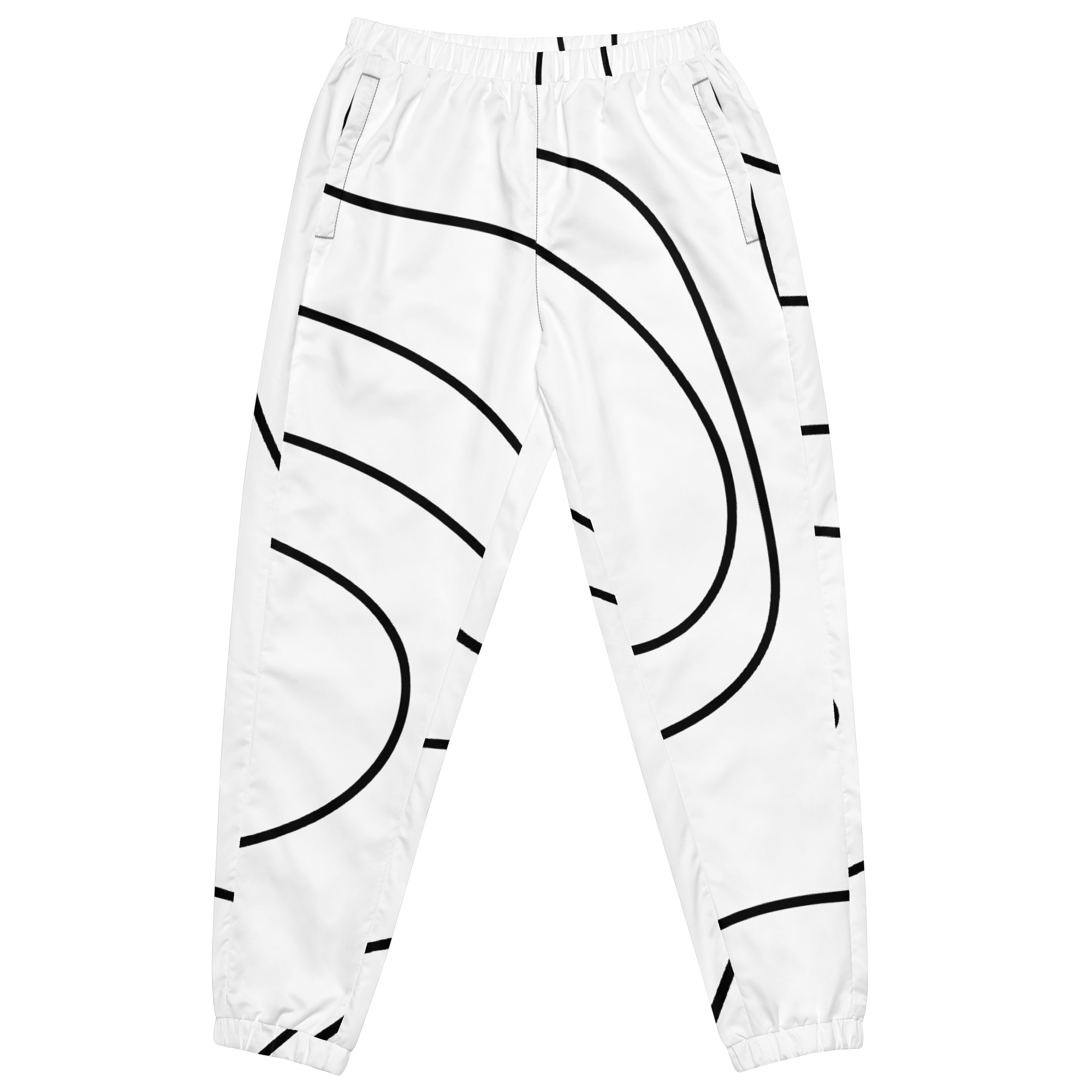 White athletic track pants with black curved line design and elastic waist, displayed against a black background.