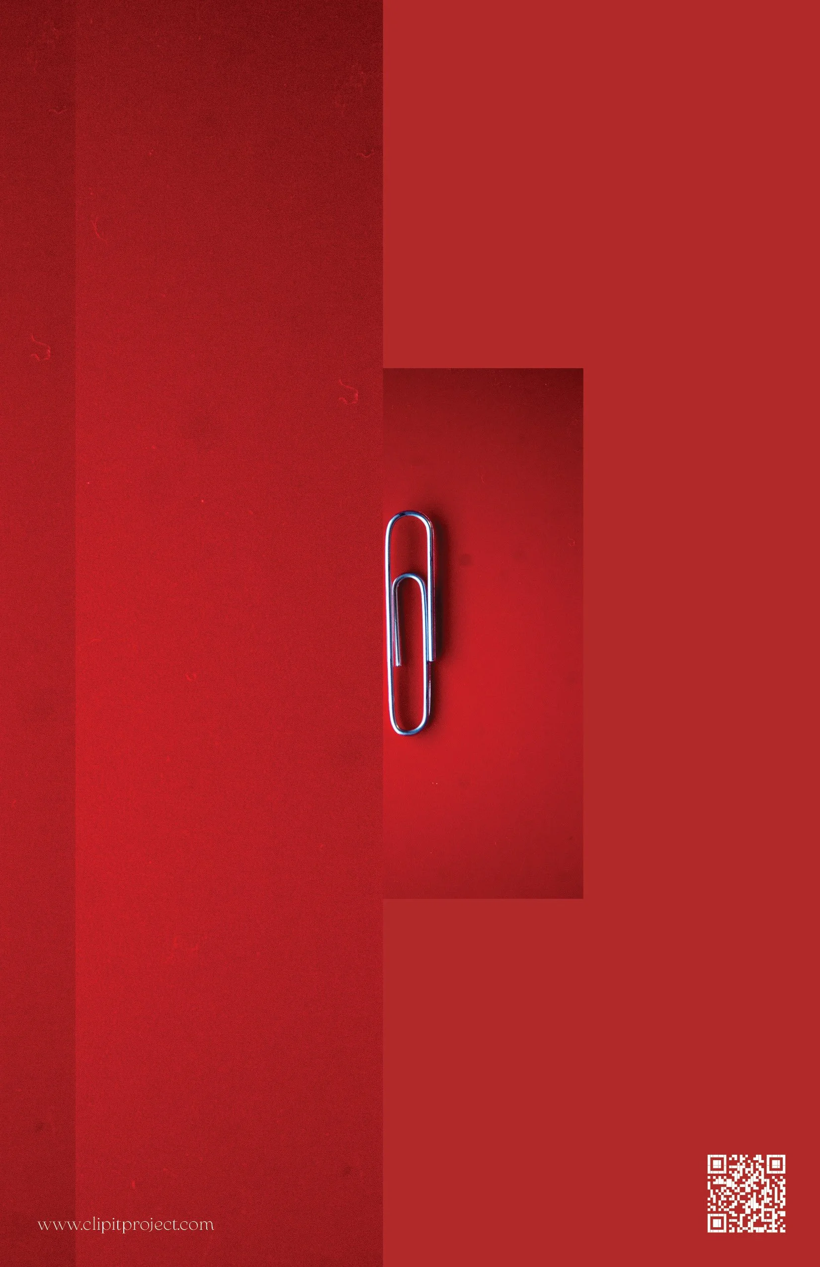 A red background with a silver paperclip in the center. In the bottom left corner, there is a URL to clipitproject.com. In the bottom right corner, there are two QR codes.