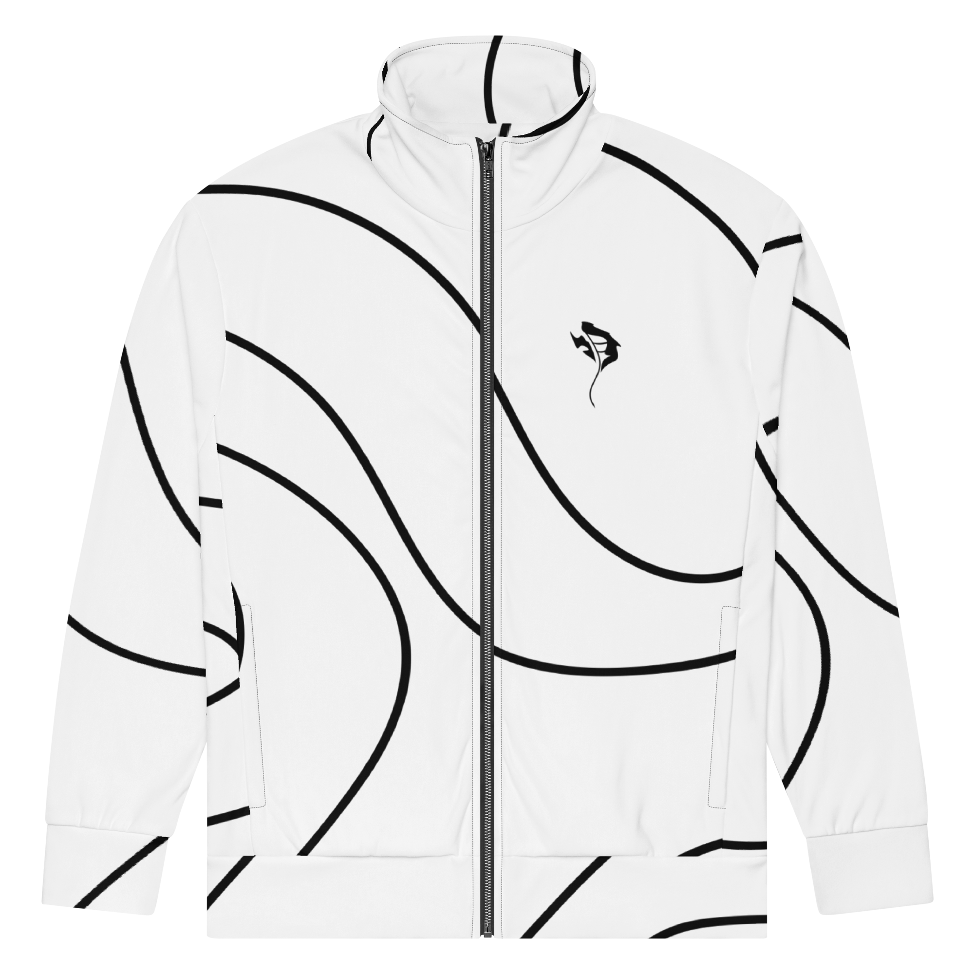 Close-up of a white zip-up jacket with black curved lines and a personal logo on the chest.